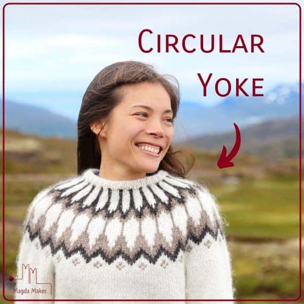woman wearing a circular yoke sweater for A Knitting Dictionary the letter C
